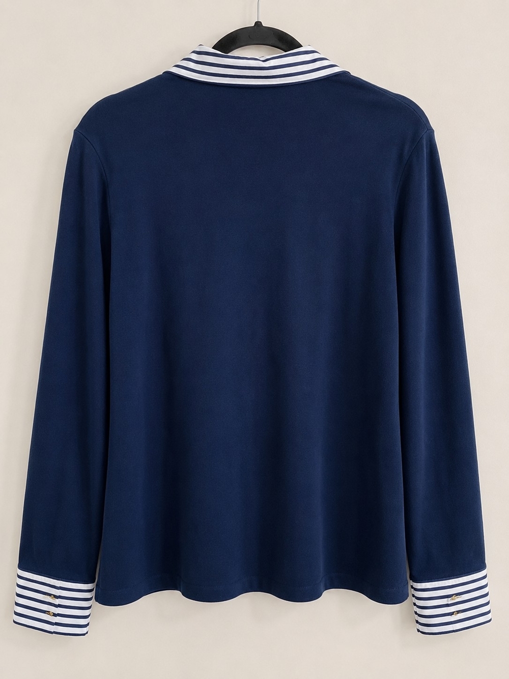 Jones New York Navy Striped Collar Knit Top Gold Buttons M - Picture 3 of 9